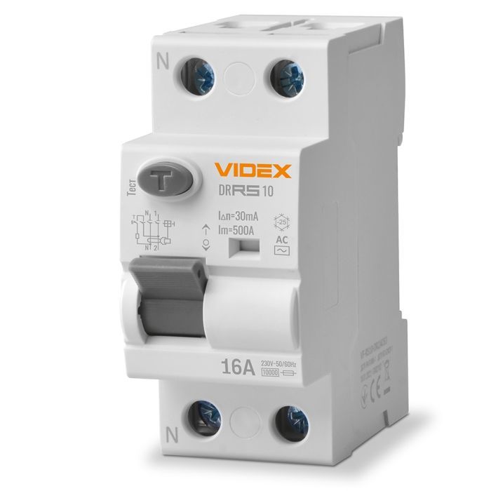 Дифференциальное реле (УЗО) Videx RESIST АС 2п 30мА 10кА 16А (VF-RS10-DR2AC16)