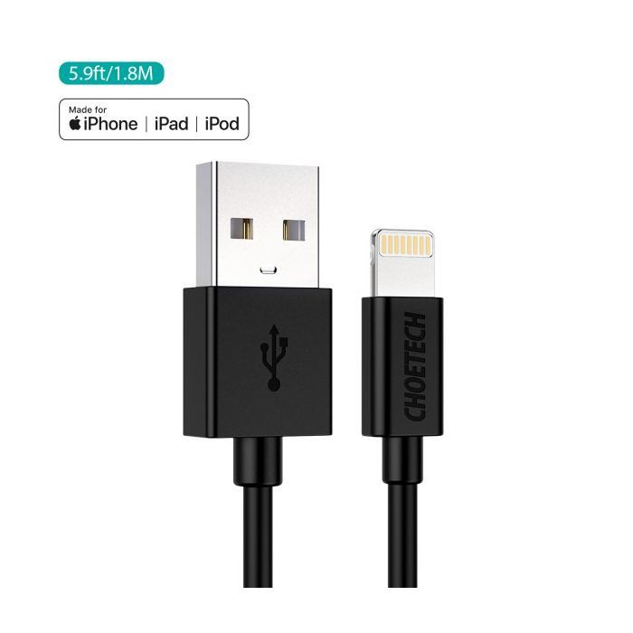 Дата кабель USB 2.0 AM to Lightning 1.8m 2.1A MFI Black Choetech (IP0027-BK) зображення 2