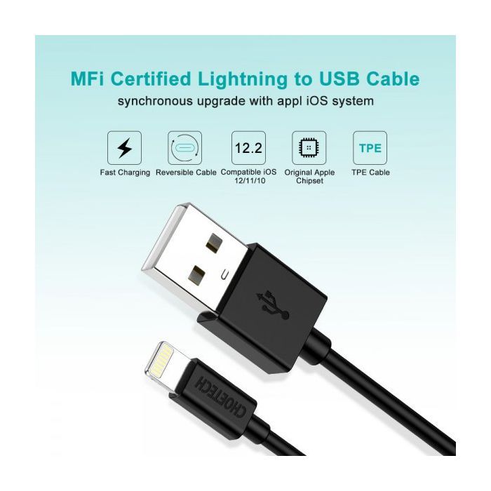 Дата кабель USB 2.0 AM to Lightning 1.8m 2.1A MFI Black Choetech (IP0027-BK) зображення 5