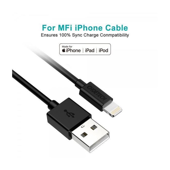 Дата кабель USB 2.0 AM to Lightning 1.8m 2.1A MFI Black Choetech (IP0027-BK) зображення 6