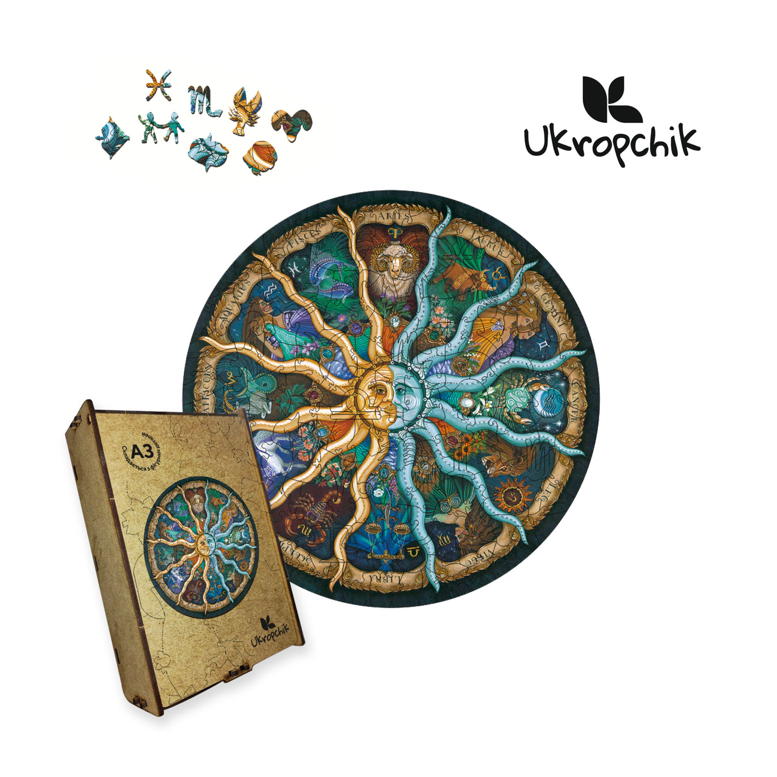 Пазл Ukropchik деревянный Таинственный Зодиак size - L в коробке с набором-рамкой (Mysterious Zodiac A3)