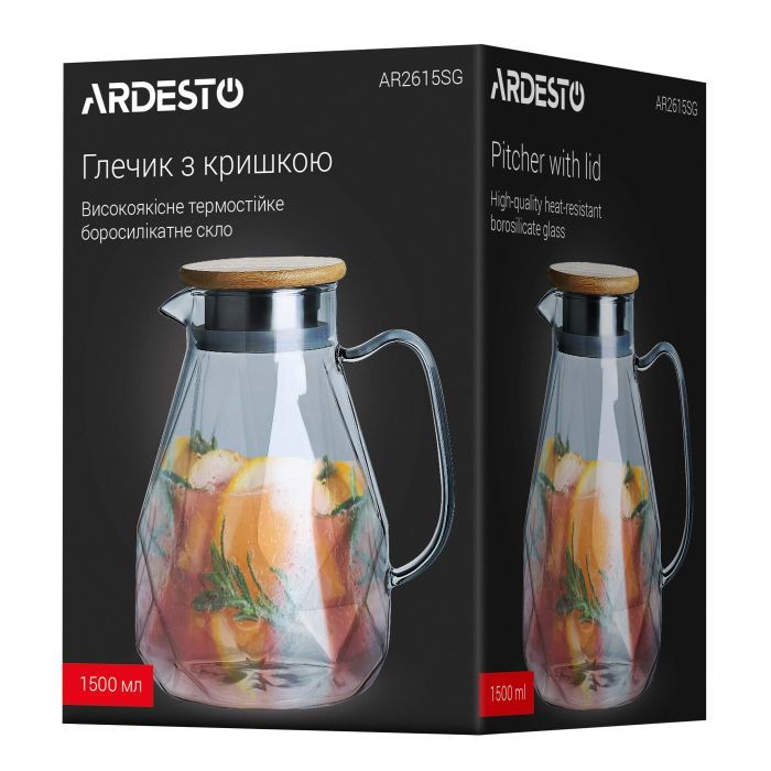 Кувшин Ardesto Graphite, 1500мл, боросилікатне скло, бамбук, нержавіюча сталь, сірий (AR2615SG) изображение 5