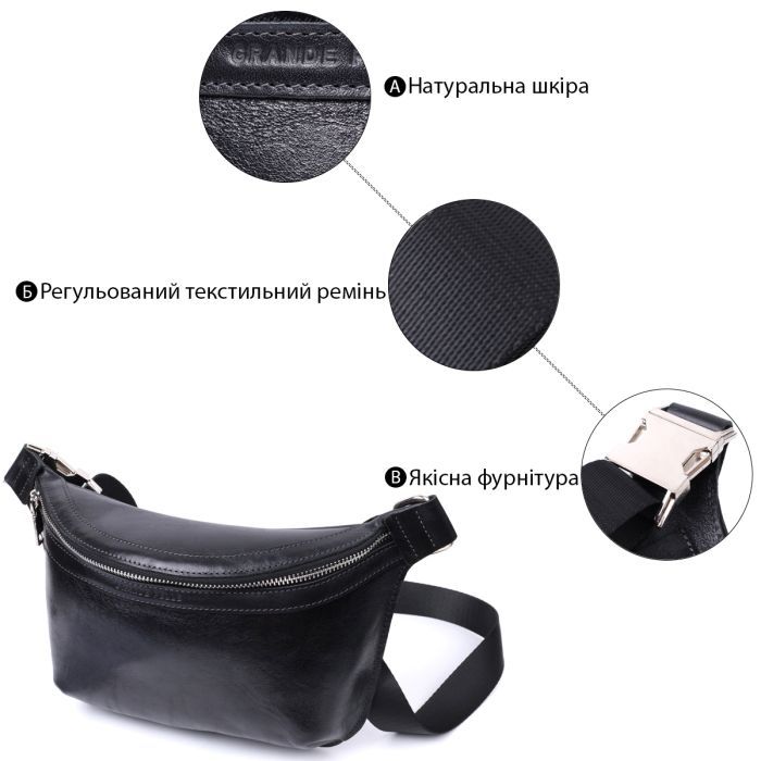 Сумка Grande Pelle Кожаная бананка унисекс Черная (22813) изображение 4