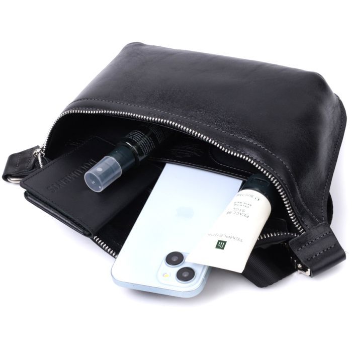 Сумка Grande Pelle Кожаная бананка унисекс Черная (22813) изображение 8