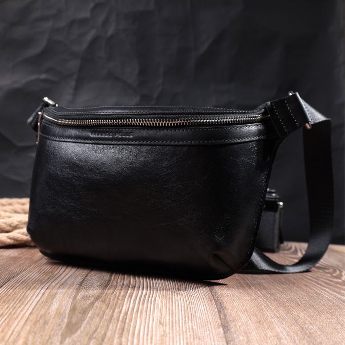 Сумка Grande Pelle Кожаная бананка унисекс Черная (22813) изображение 9