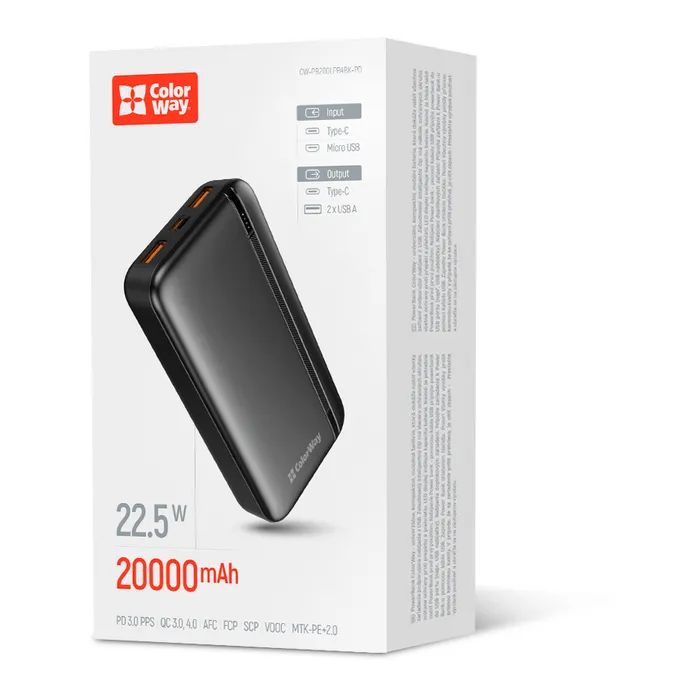 Батарея універсальна ColorWay 20 000 mAh Portable Charger (USB/QC3.0 + USB-C/PD/22.5W) Black (CW-PB200LPB4BK-PD) зображення 6