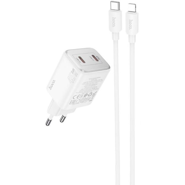 Зарядний пристрій HOCO N42 Elogiado 2xUSB-C PD45W + cable USB-C to Lightning White (6942007617116) зображення 2