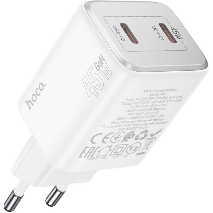 Зарядний пристрій HOCO N42 Elogiado 2xUSB-C PD45W + cable USB-C to Lightning White (6942007617116) зображення 3