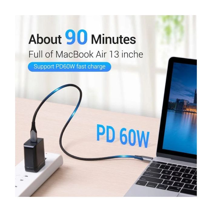 Дата кабель USB-C to USB-C 0.5m 60W USB 3.1 cotton braided Vention (TAAHD) изображение 6