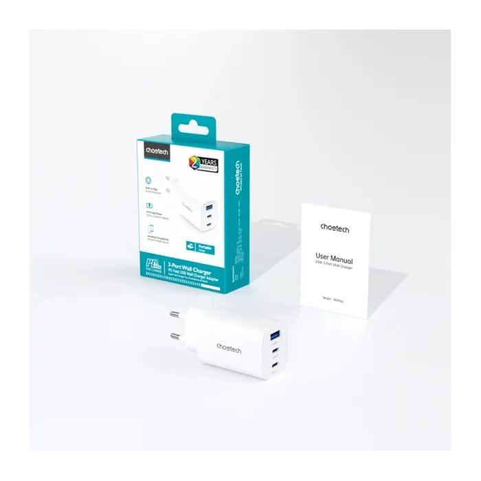 Зарядное устройство Choetech 2xUSB-C + 1xUSB PD65W GaN (PD9006) изображение 2