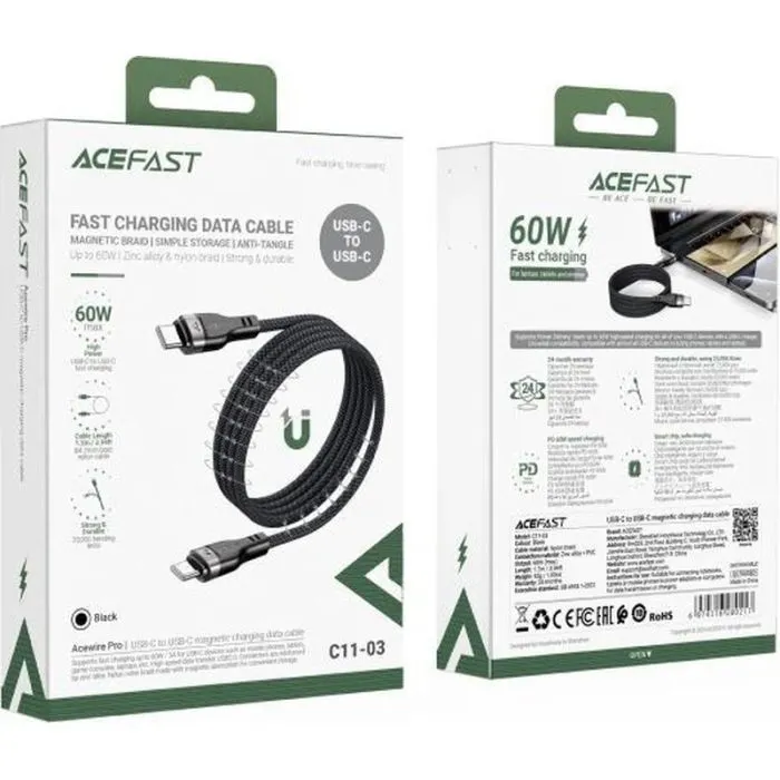 Дата кабель USB-C to USB-C 1.2m 60W 3A nylon black Acefast (6974316280217) изображение 3