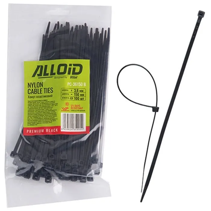 Стяжка Alloid 3.6х150мм, пластик, 100шт./уп., черный (PC-36150B)