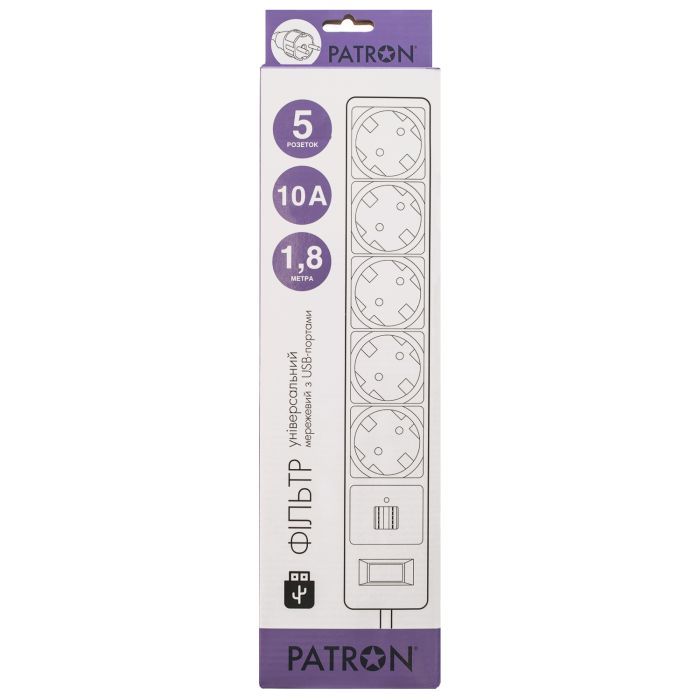 Мережевий фільтр живлення Patron 1.8m + 2 USB 2.0, 2.1A, 5 роз. White (EXT-PN-SP-52-USB-W) зображення 2