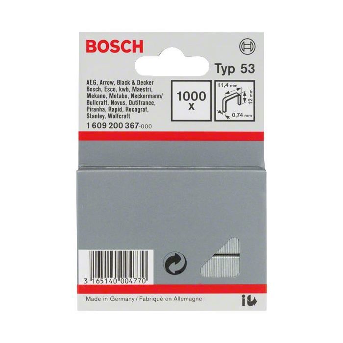 Скоби для будівельного степлера Bosch 12мм ТИП 53, 1000шт (1.609.200.367)
