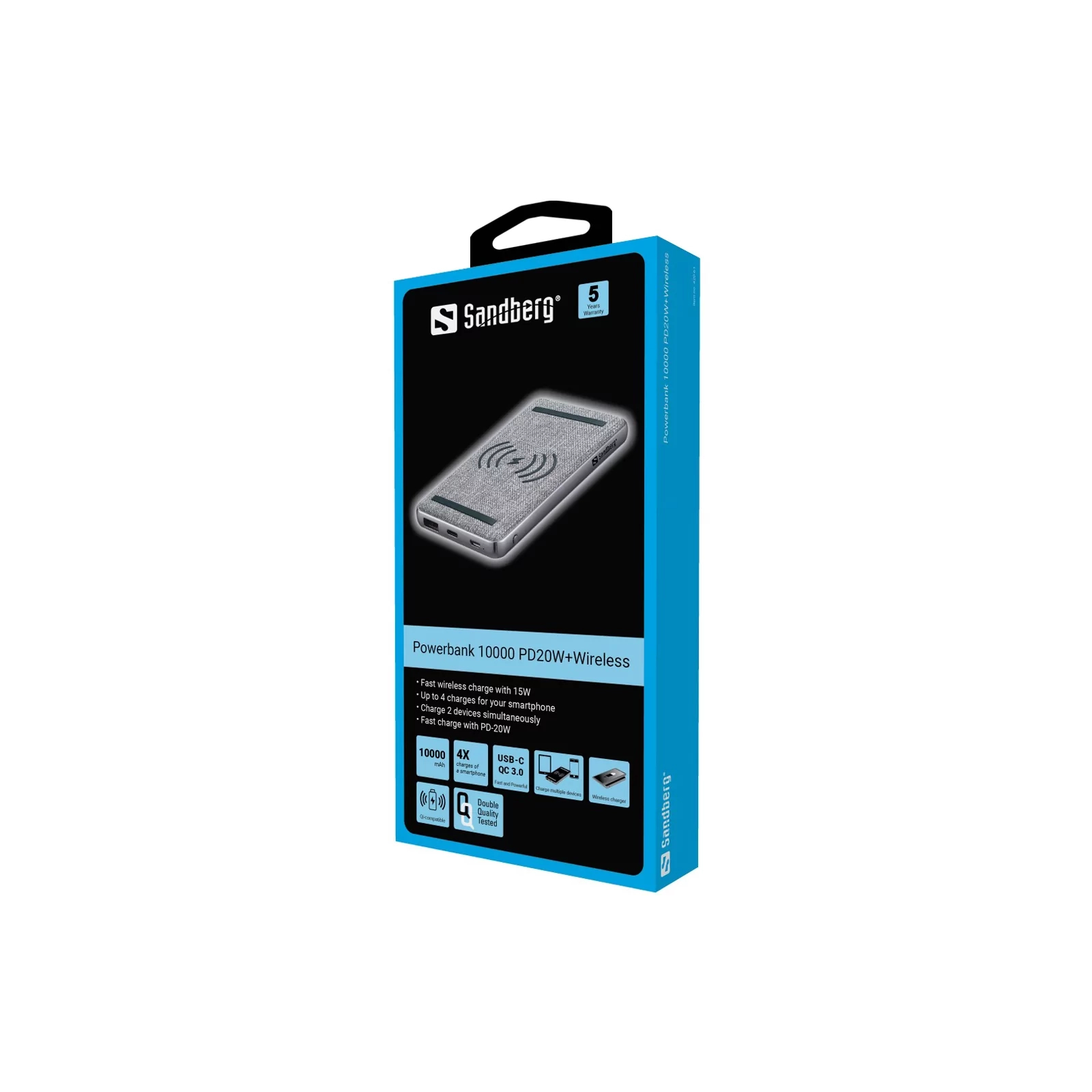 Батарея универсальная Sandberg 10000mAh, PD/20W,  Wireless QI 15W, QC3.0, USB-C, Micro-USB, USB-A (420-61) изображение 2