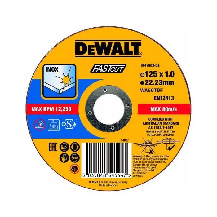 Круг отрезной DeWALT INOX FASTCUT, нержавеющая сталь/листовой металл, 125х1х22.23 мм (DT43902)