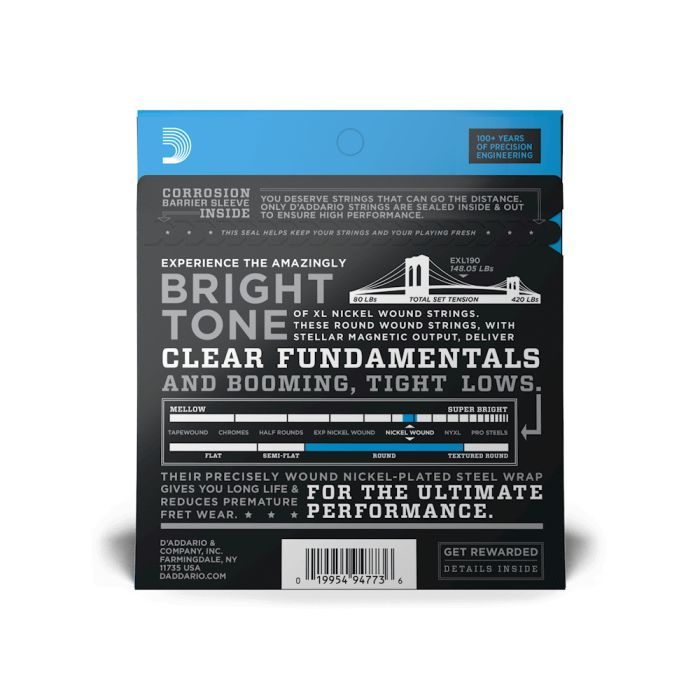 Струны для гитары D'Addario XL Nickel Wound Bass Custom Light (40-100) (EXL190) изображение 3