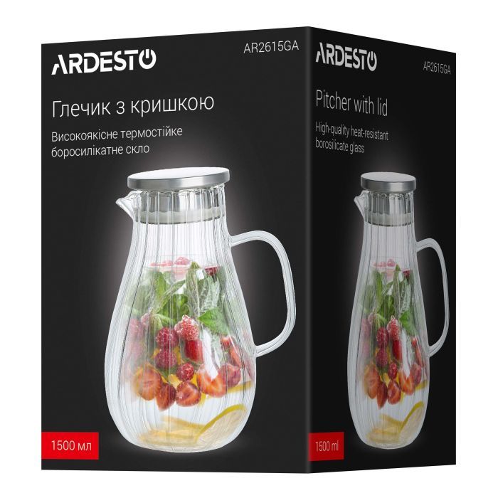 Глечик Ardesto Iceberg, 1500мл, боросилікатне скло, нержавіюча сталь, прозорий (AR2615GA) зображення 5