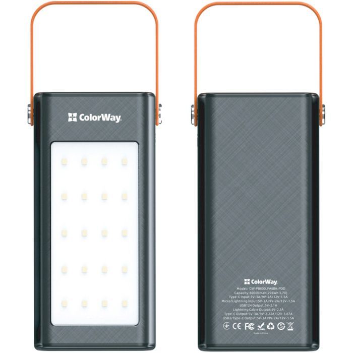 Батарея універсальна ColorWay 80 000 mAh LCD/Lamp (USB/QC3.0 + USB-C/PD/22.5W) Black (CW-PB800LPA8BK-PDD) зображення 5