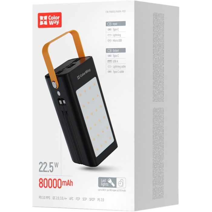 Батарея універсальна ColorWay 80 000 mAh LCD/Lamp (USB/QC3.0 + USB-C/PD/22.5W) Black (CW-PB800LPA8BK-PDD) зображення 6