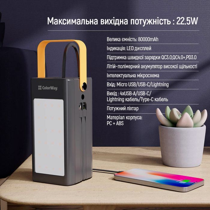 Батарея універсальна ColorWay 80 000 mAh LCD/Lamp (USB/QC3.0 + USB-C/PD/22.5W) Black (CW-PB800LPA8BK-PDD) зображення 7