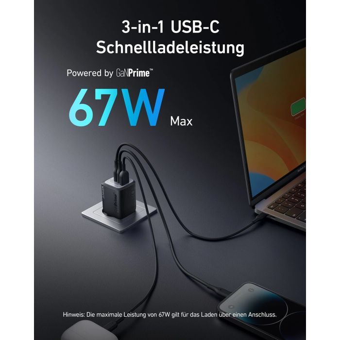 Зарядное устройство Anker GaNPrime 67W 2xUSB-C PD + 1xUSB-A Black (A2669313) изображение 2