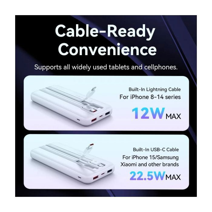 Батарея універсальна Vention 10000mAh 22.5W 3A PD, Built-in USB-C+Lightning Cables, White (FHOW0) зображення 7