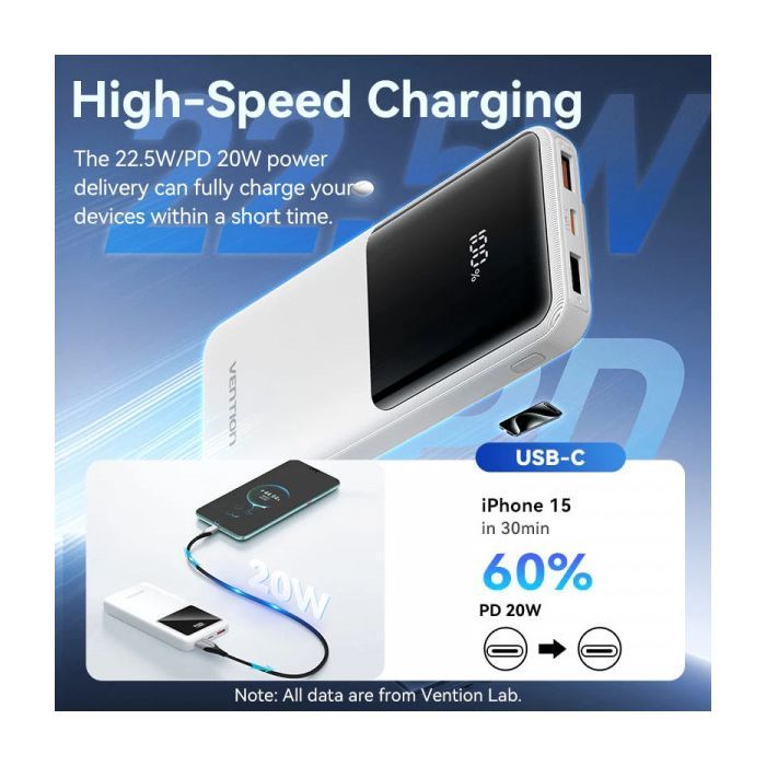 Батарея універсальна Vention 10000mAh 22.5W 3A PD, Built-in USB-C+Lightning Cables, White (FHOW0) зображення 8