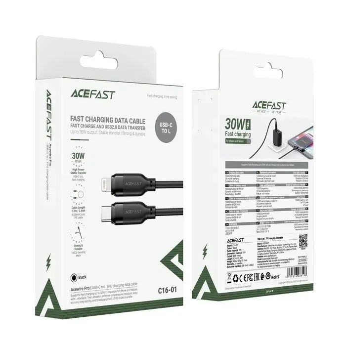 Дата кабель USB-C to Lightning 1.2m 30W TPU black Acefast (6974316286196) изображение 5