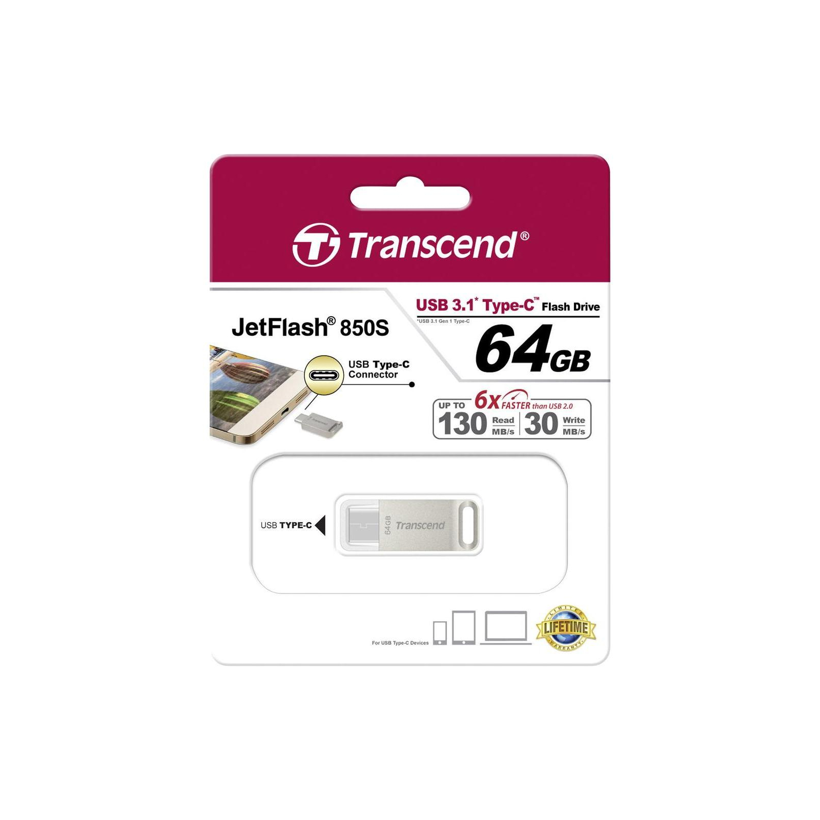 USB флеш накопитель Transcend 64GB JetFlash 850 Silver USB 3.1 (TS64GJF850S) изображение 6