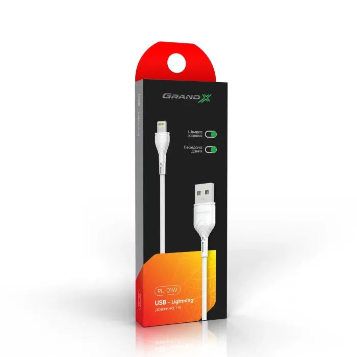 Дата кабель USB 2.0 AM to Lightning 1.0m Cu, 2.1А White Grand-X (PL01W) изображение 2