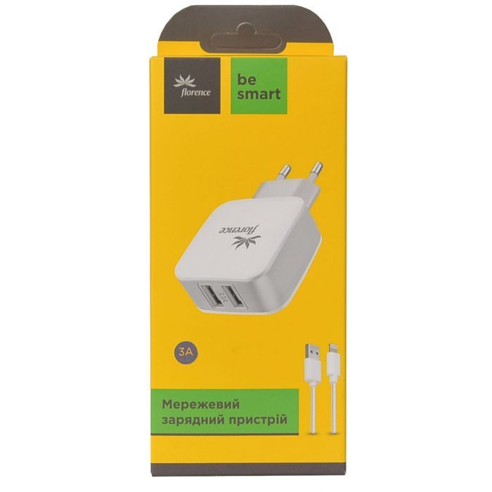Зарядное устройство Florence 2USB 3A + Lightning cable White (FW-2U030W-L) изображение 3