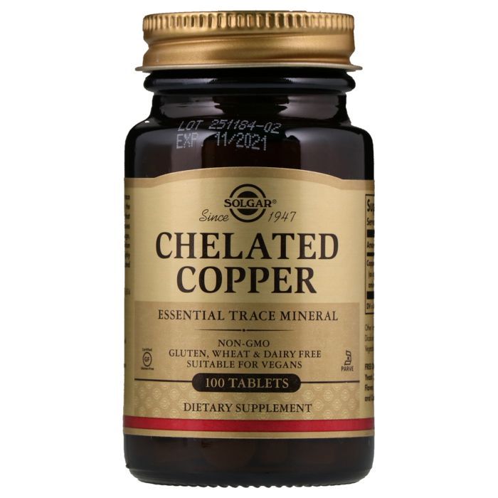 Минералы Solgar Хелатна Мідь, Chelated Copper, 100 таблеток (SOL-00640)