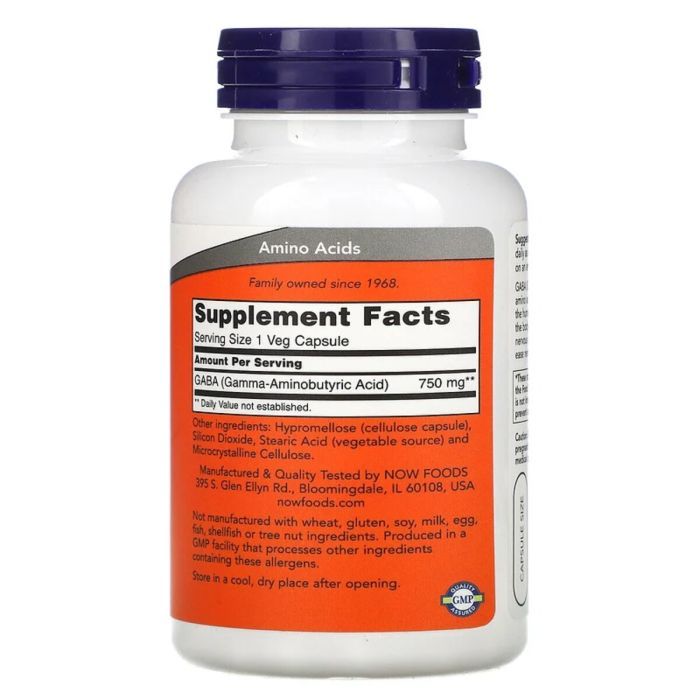 Амінокислота Now Foods GABA (Гамма-аміномасляна кислота) 750 мг, 100 вегетаріанськ (NOW-00089) зображення 2