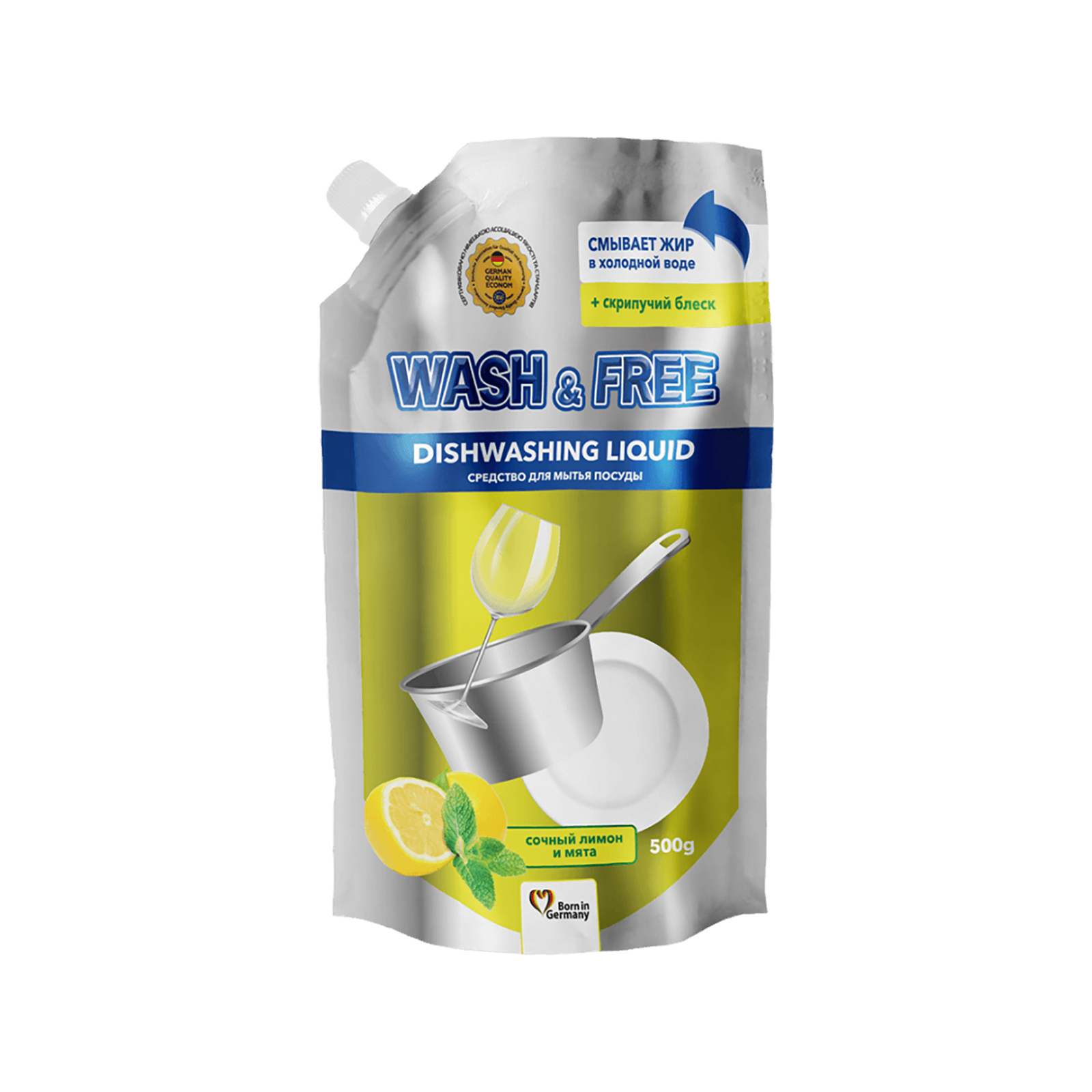 Засіб для ручного миття посуду Wash&Free соковитий лимон та м'ята дой-пак 500 г (4260637724663)