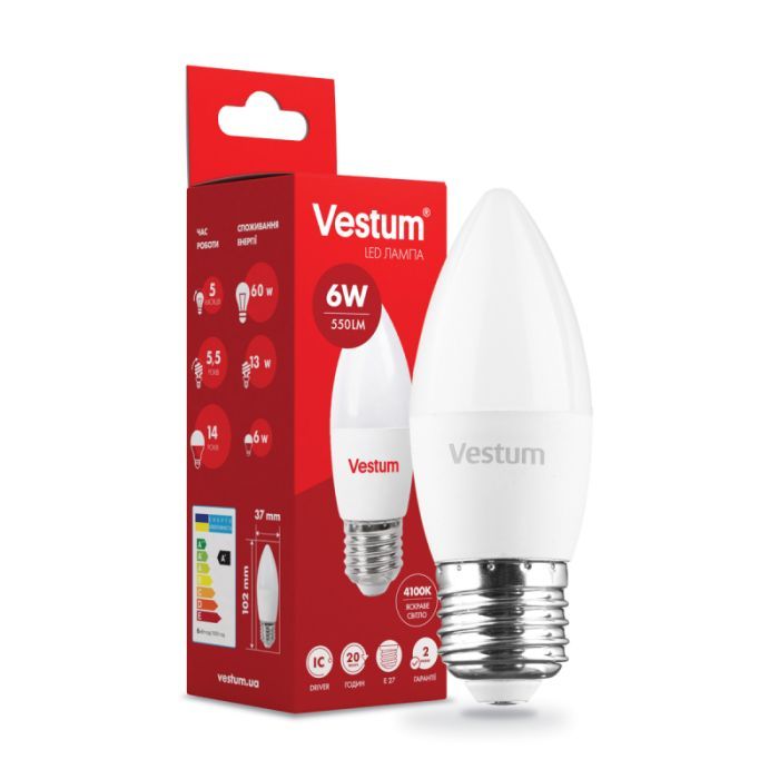 Лампочка Vestum C37 6W 4100K 220V E27 (1-VS-1301)