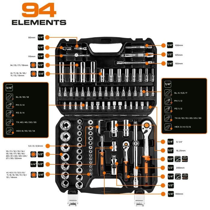 Набор инструментов Neo Tools 94шт, 1/2", 1/4", CrV, кейс (10-062) изображение 2