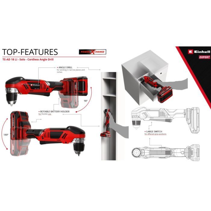 Дриль Einhell кутова TE-AD 18 Li - Solo PXC 18В, 1100 об/хв, 45Нм (без АКБ та ЗП) (4514290) зображення 11