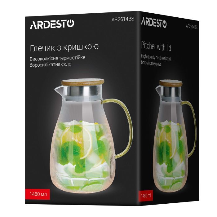 Кувшин Ardesto 1480мл, боросилікатне скло, нержавіюча сталь, бамбук, прозорий (AR2614BS) изображение 5