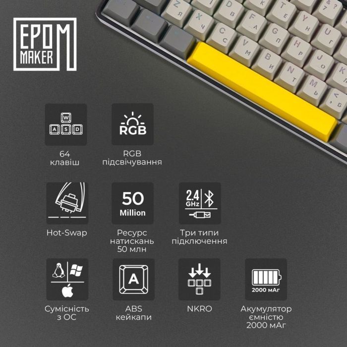 Клавиатура Epomaker EP64 60 Mulan Switch Hot-Swap RGB Wireless/Bluetooth/USB UA Black (EP64-B-M) изображение 10