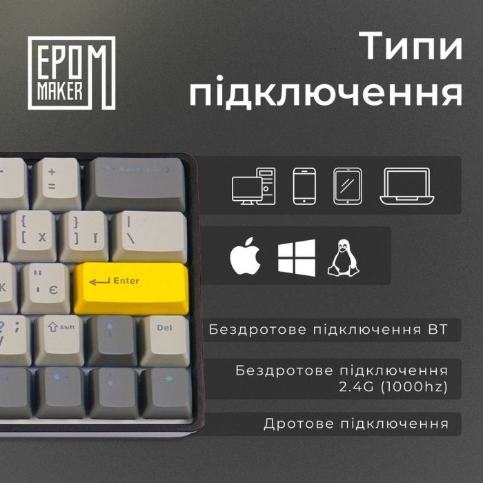 Клавиатура Epomaker EP64 60 Mulan Switch Hot-Swap RGB Wireless/Bluetooth/USB UA Black (EP64-B-M) изображение 8