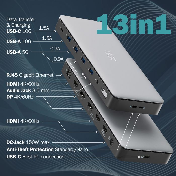 Порт-реплікатор Digitus USB-C > 3xHDMI/2xDP/4xUSB-A/USB-C/RJ54/DC/Audio (DA-70918) зображення 7