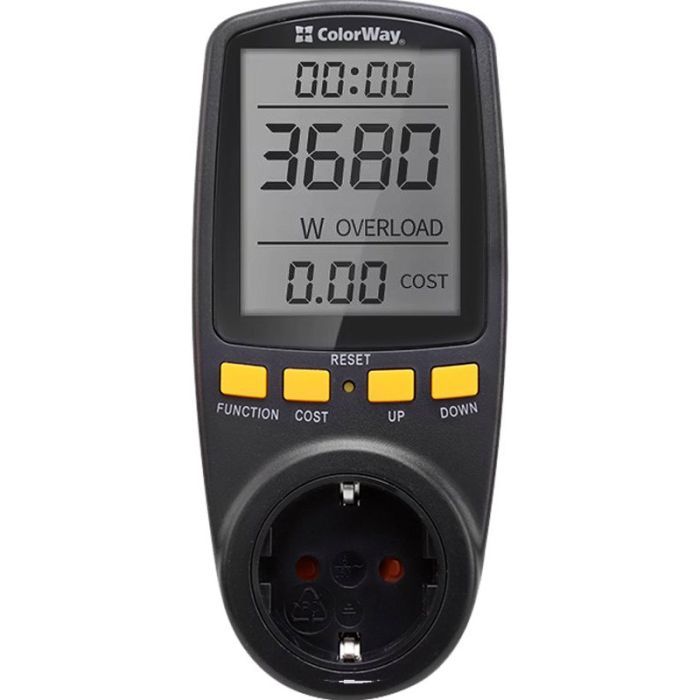 Ваттметр ColorWay цифровий 16A/3680W, black (CW-VM16-02D)
