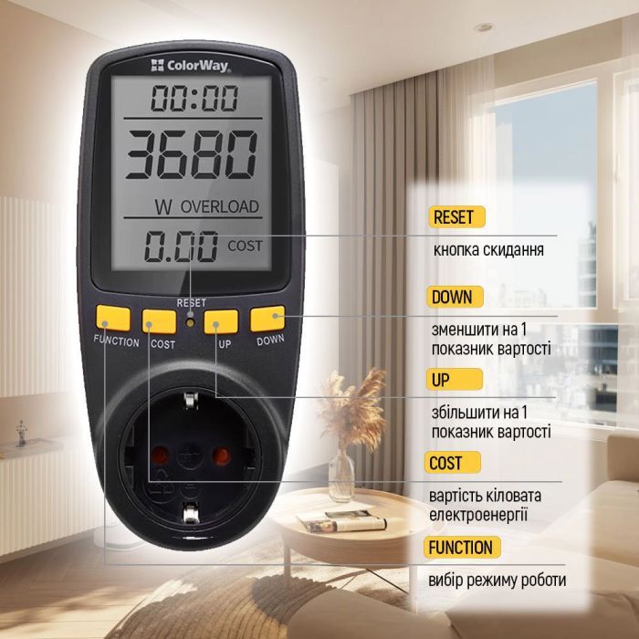 Ваттметр ColorWay цифровий 16A/3680W, black (CW-VM16-02D) изображение 8