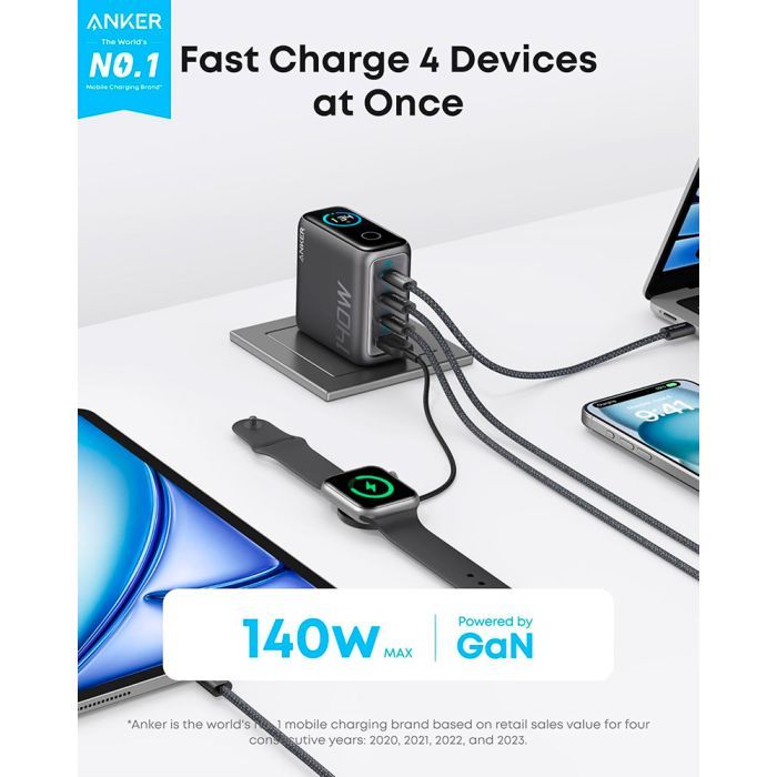 Зарядное устройство Anker Laptop GaN 140W 3xUSB-C PD3.1 + USB-A + display + cable Black (B2697GZ1) изображение 2