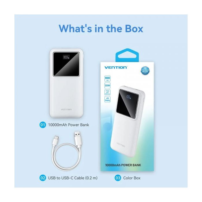Батарея универсальная Vention 10000mAh 22.5W 3A PD, QC/3.0, LED Display, White (FHKW0) изображение 4