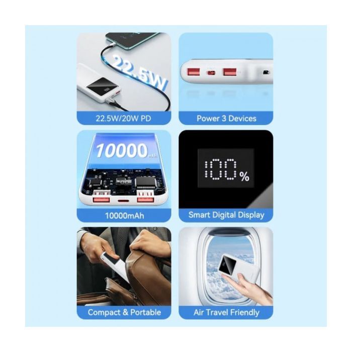 Батарея универсальная Vention 10000mAh 22.5W 3A PD, QC/3.0, LED Display, White (FHKW0) изображение 6