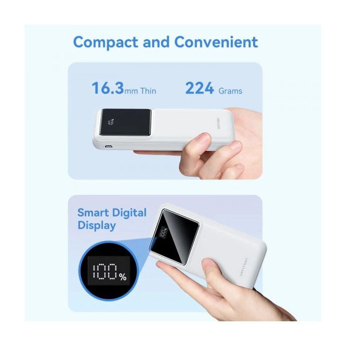 Батарея универсальная Vention 10000mAh 22.5W 3A PD, QC/3.0, LED Display, White (FHKW0) изображение 7