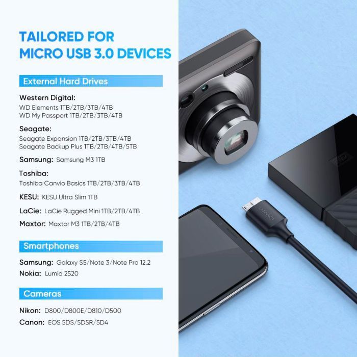 Дата кабель USB-C 3.1 to Micro USB 3.0 1.0m 3A US312 black Ugreen (20103) изображение 9