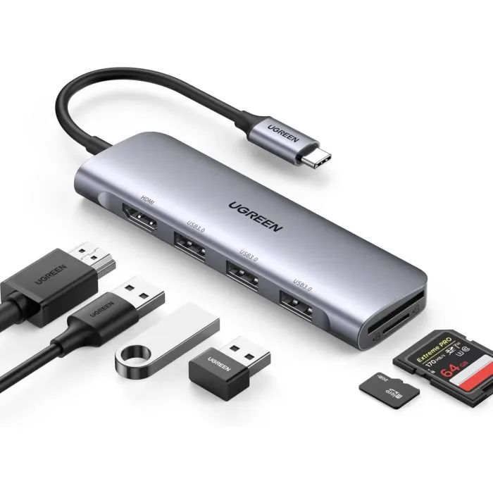 Концентратор Ugreen USB-C to 3xUSB 3.0 + HDMI + SD/TF CM195 gray (70410) > ціни в Києві та Україні Концентратор Ugreen USB-C to 3xUSB 3.0 + HDMI + SD/TF CM195 gray (70410)